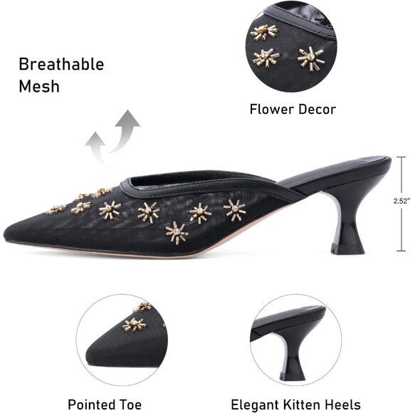 🆕Women Black Kitten Heel Mules Flower Decor Mesh Pointed Toe Low Heel Pumps - Picture 2 of 7